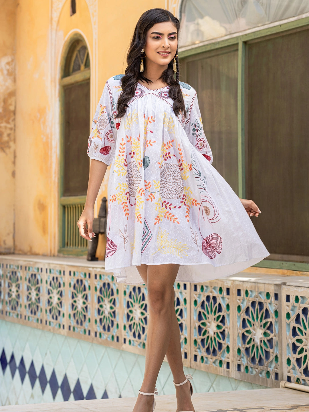 Cute white Embroidered Shorts Dress fashiondwarclothing