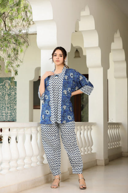 Beautifully Printed Coord Set With Blue Shirt