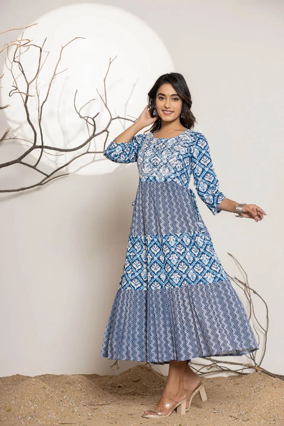 womens long dress in sky blue green pink with embroidery work on the front