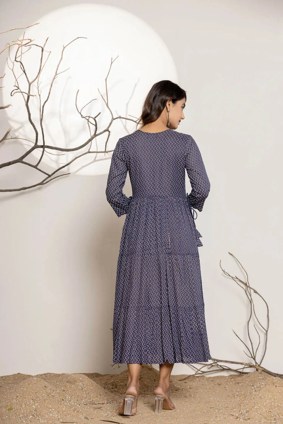 round neck flared kurta with zig zag pattern and front embroidered work