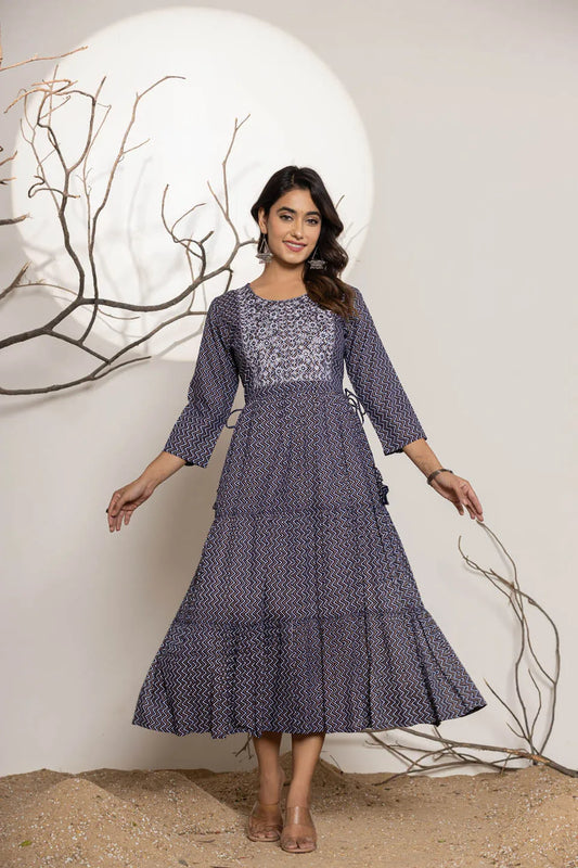 round neck flared kurta with zig zag pattern and front embroidered work