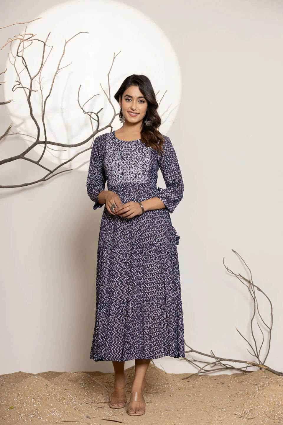 round neck flared kurta with zig zag pattern and front embroidered work