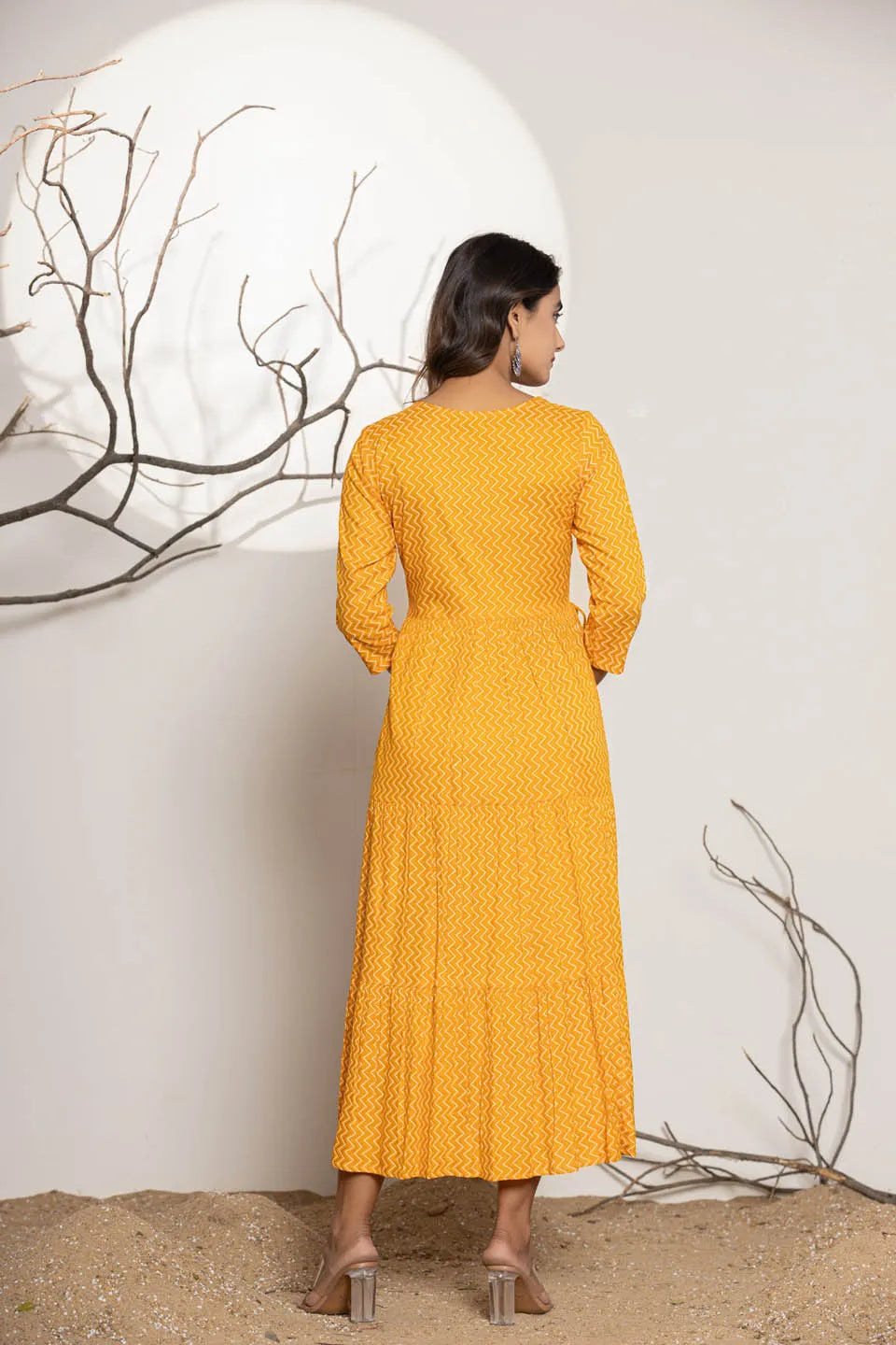 round neck flared kurta with zig zag pattern and front embroidered work