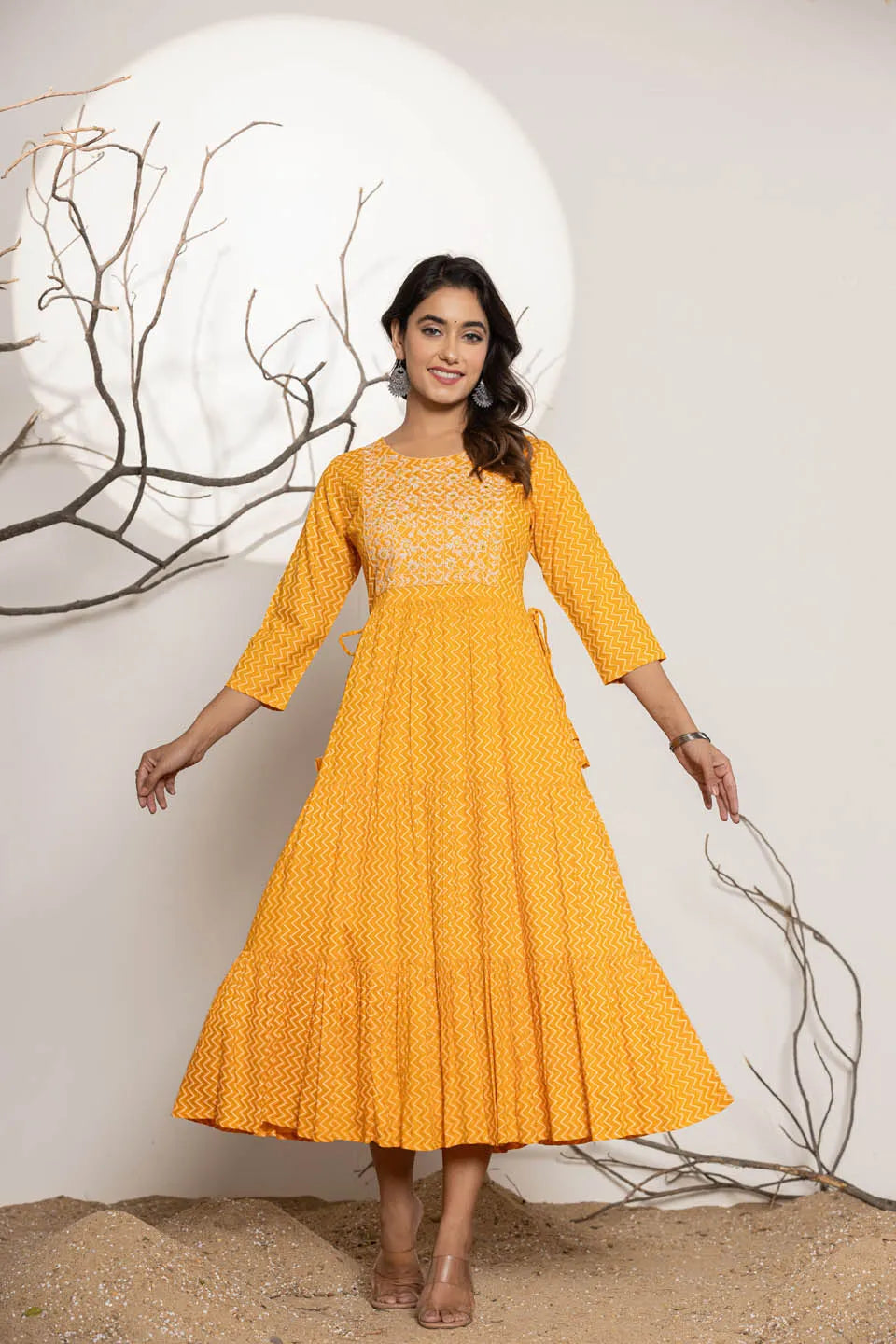 round neck flared kurta with zig zag pattern and front embroidered work