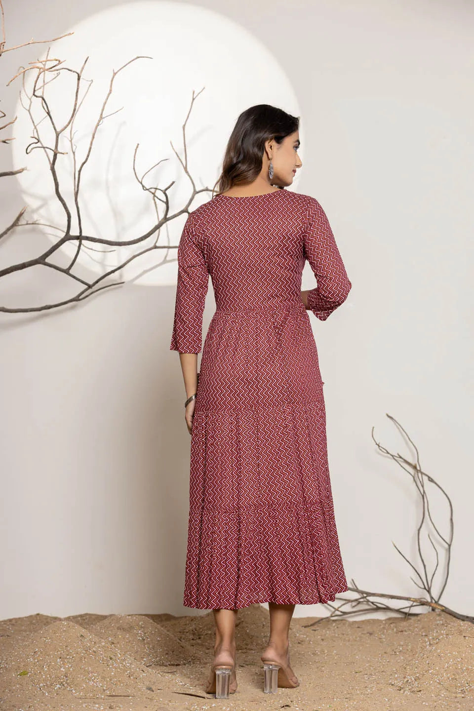 round neck flared kurta with zig zag pattern and front embroidered work