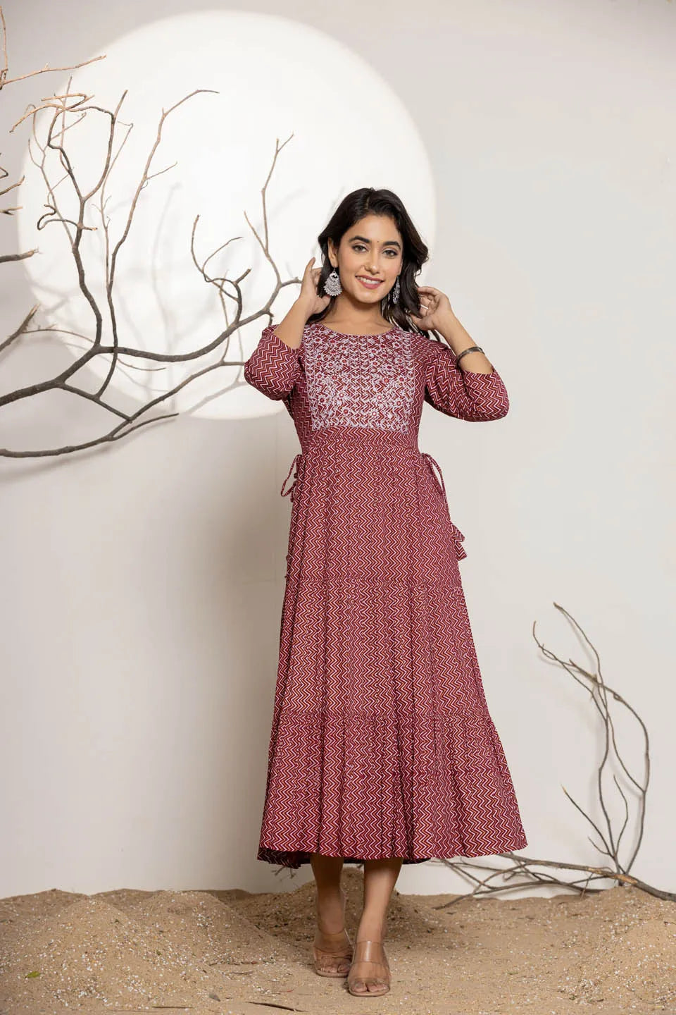 round neck flared kurta with zig zag pattern and front embroidered work