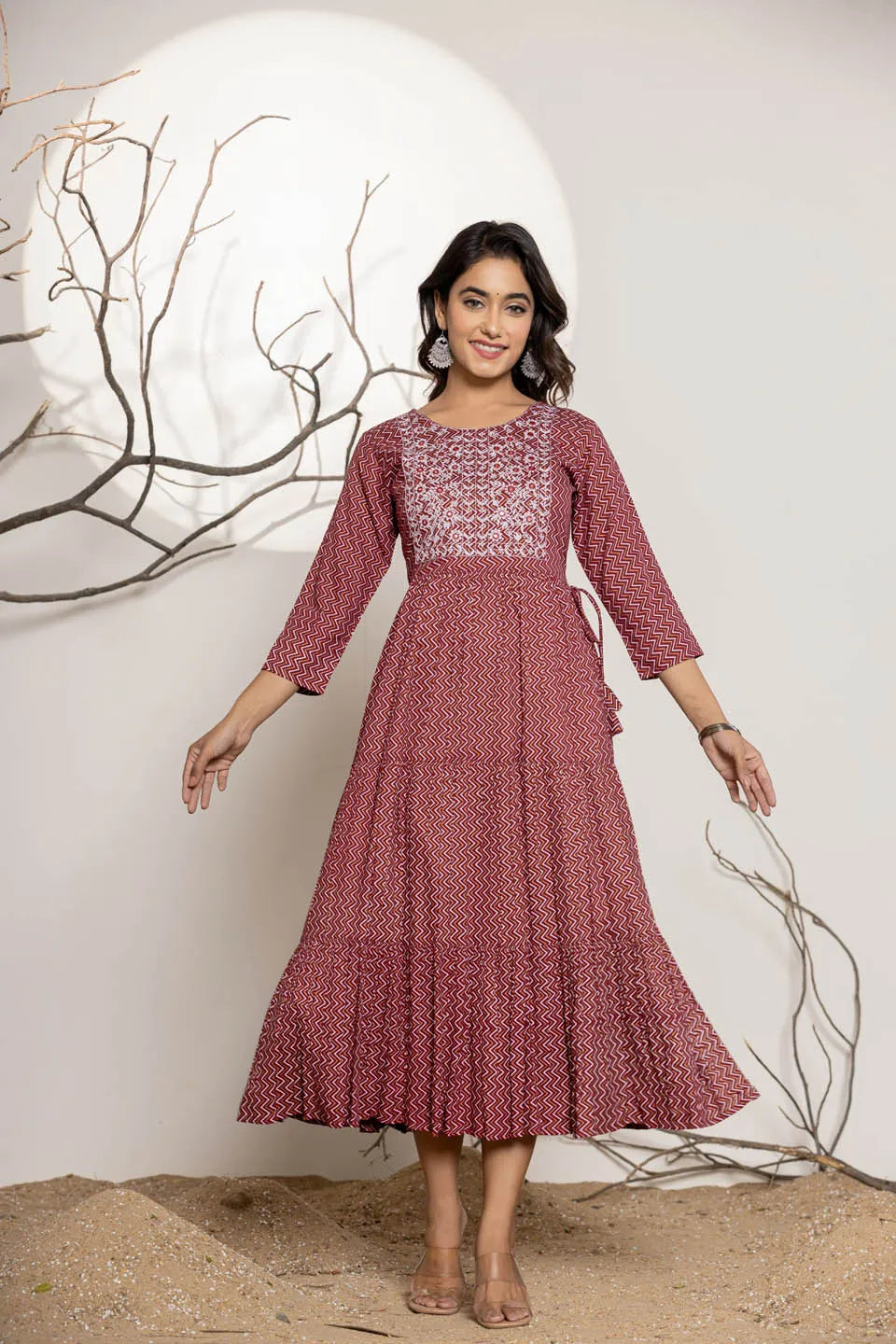 round neck flared kurta with zig zag pattern and front embroidered work