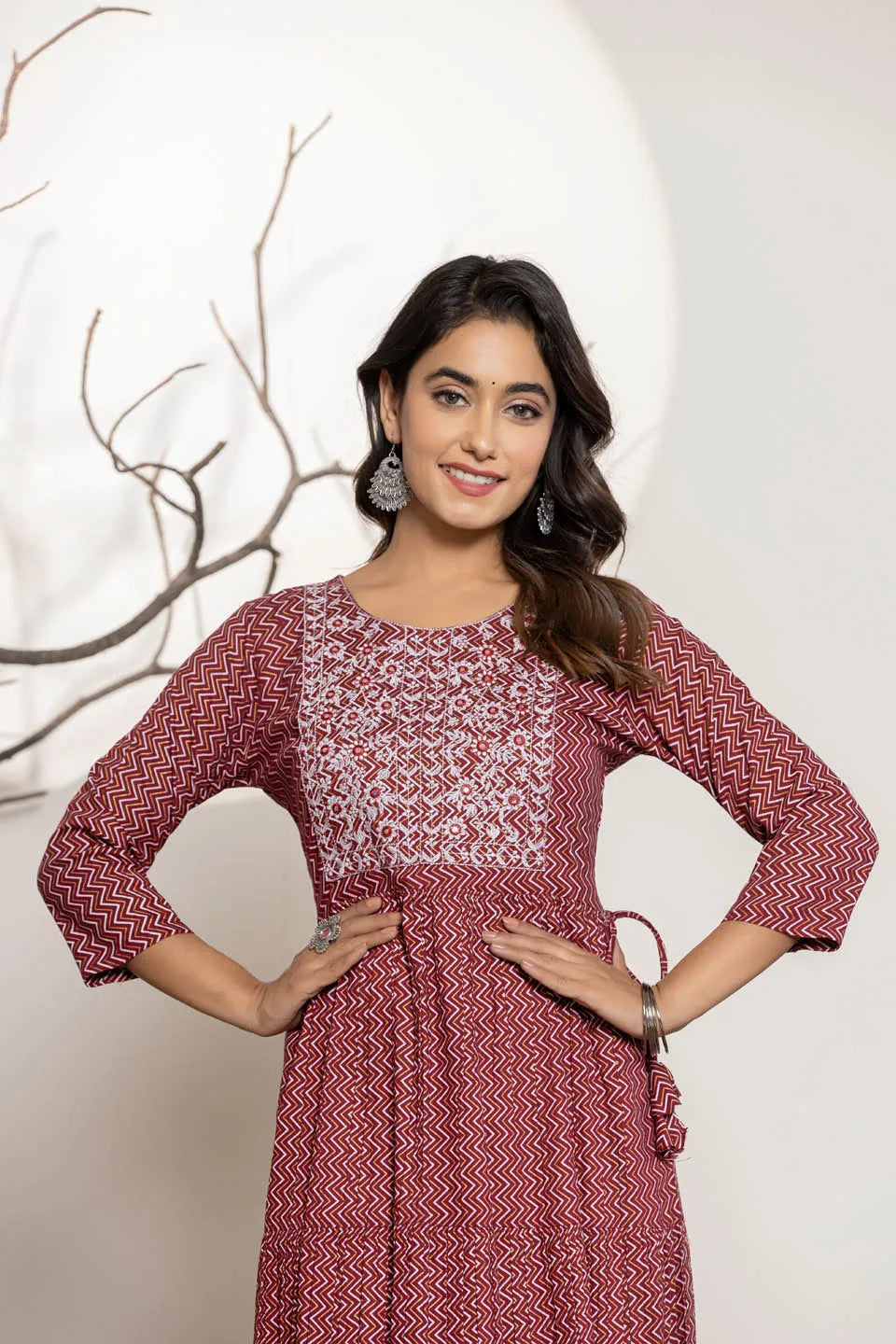 round neck flared kurta with zig zag pattern and front embroidered work
