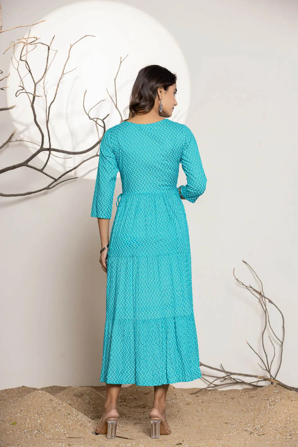round neck flared kurta with zig zag pattern and front embroidered work
