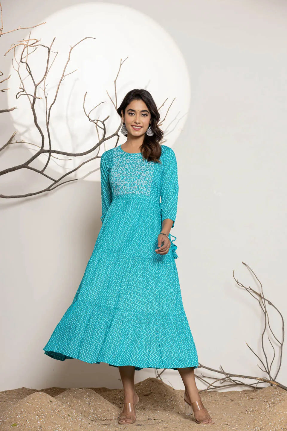 round neck flared kurta with zig zag pattern and front embroidered work