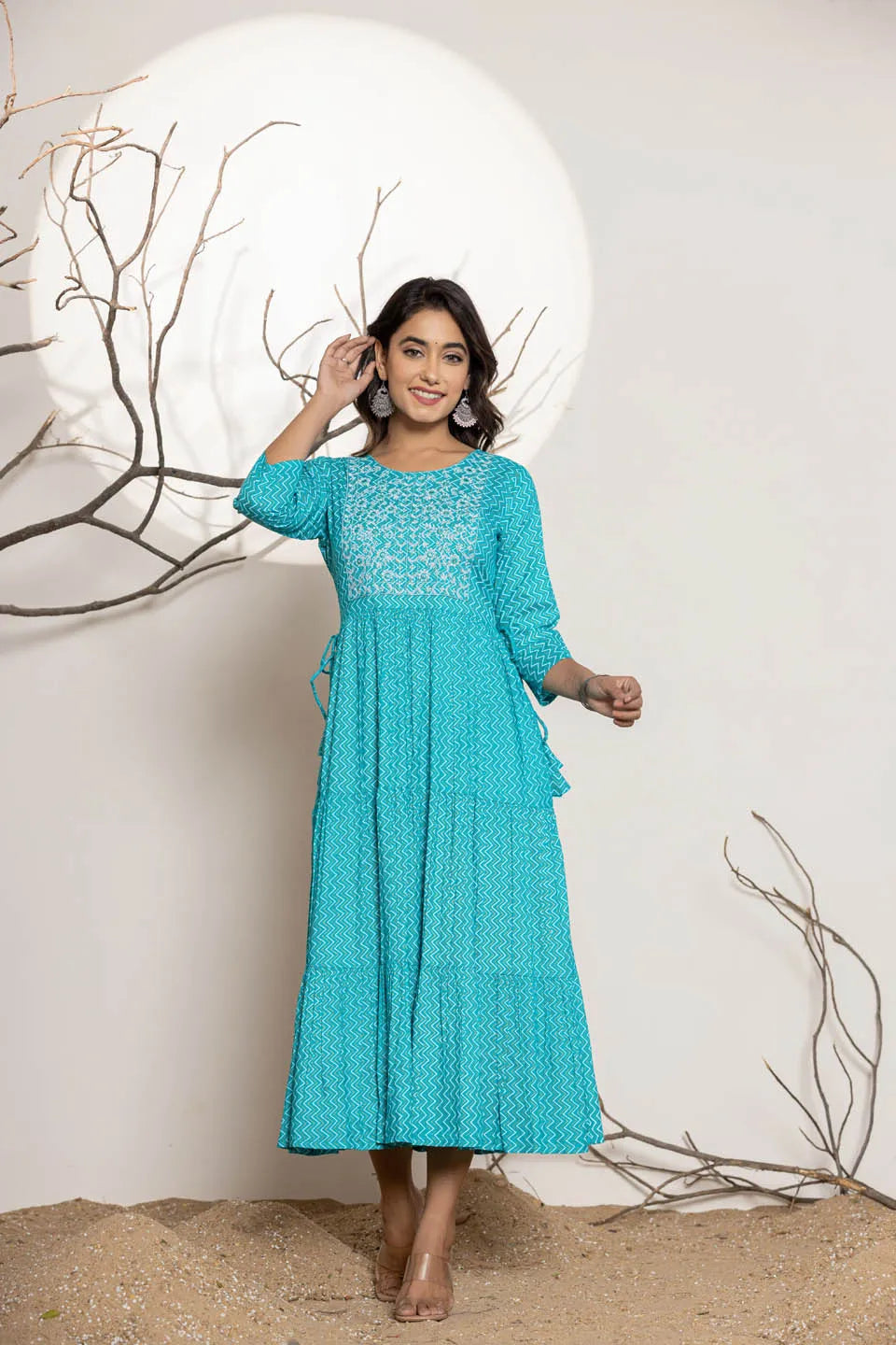 round neck flared kurta with zig zag pattern and front embroidered work