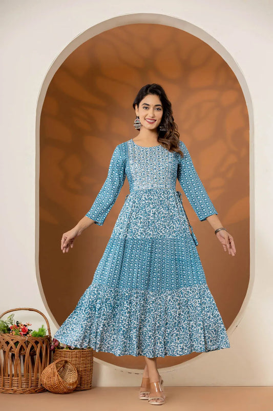 stylish ethnic print dresses green blue and grey collection