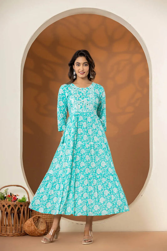 long cotton dress for women with elegant flower embroidery