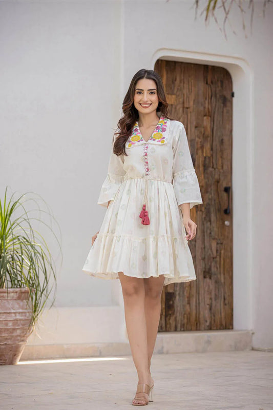 womens cotton printed embroidered dress with belt knot and bell sleeves
