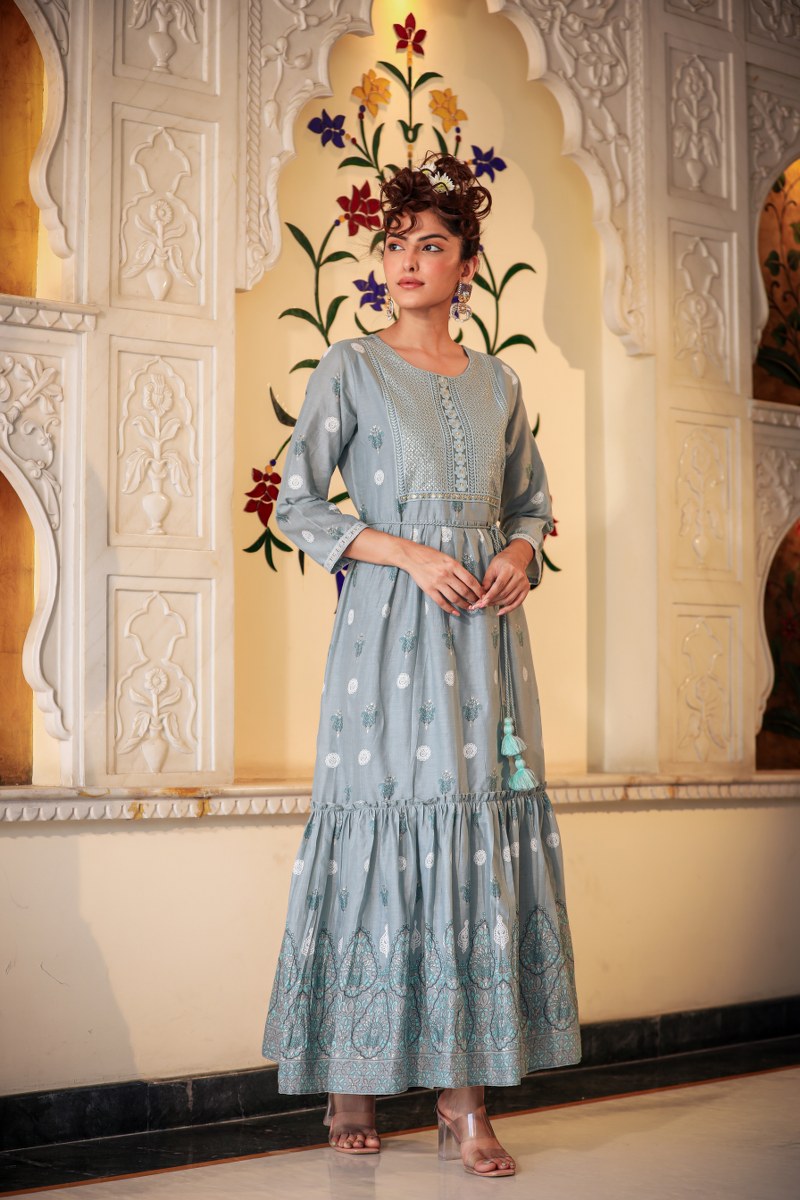 Ethnic Floral Printed & Sequin Work Gathered Anarkali Kurta with Palaz –  FASHOR