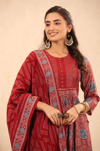Red Nyra Cut Muslin Kurta Set