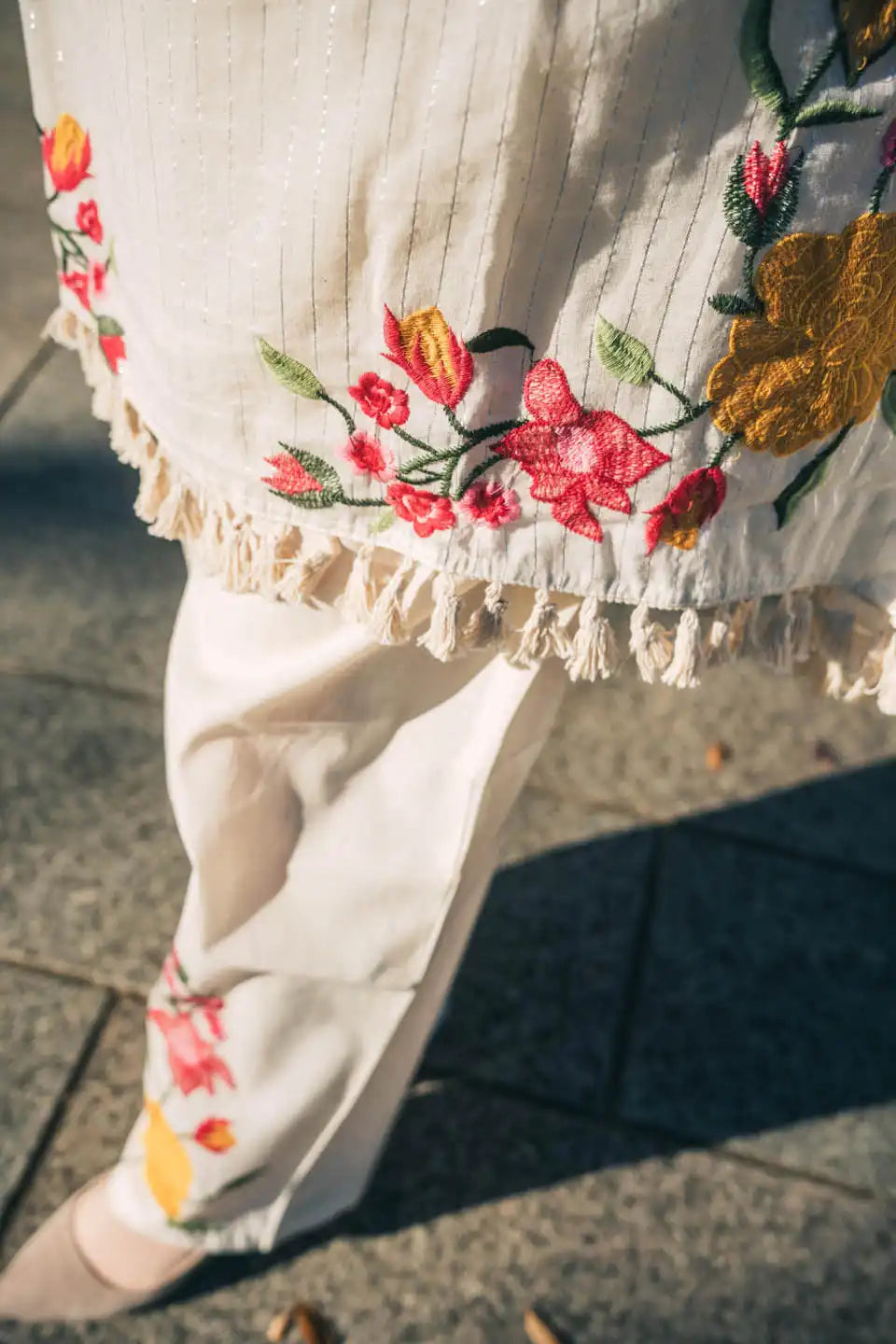 women's off-white floral embroidered coordinated set