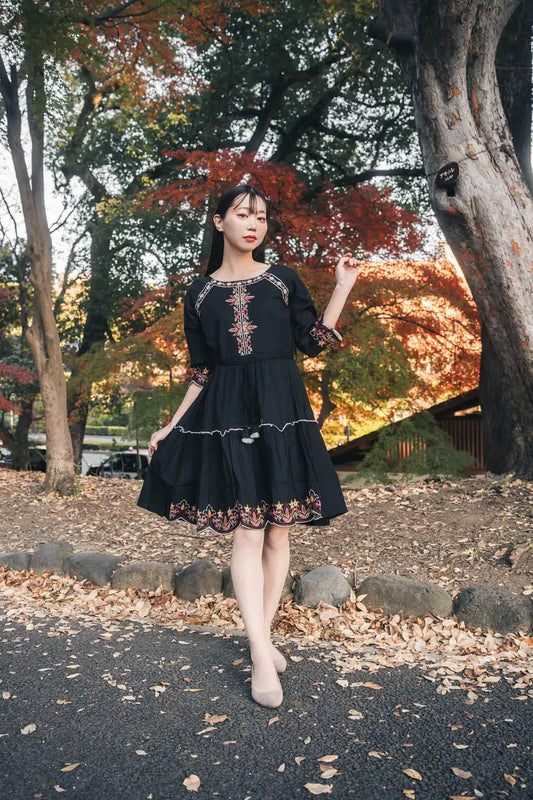 Black Embroidered Fit & Flare Short Dress – Boho Chic Style