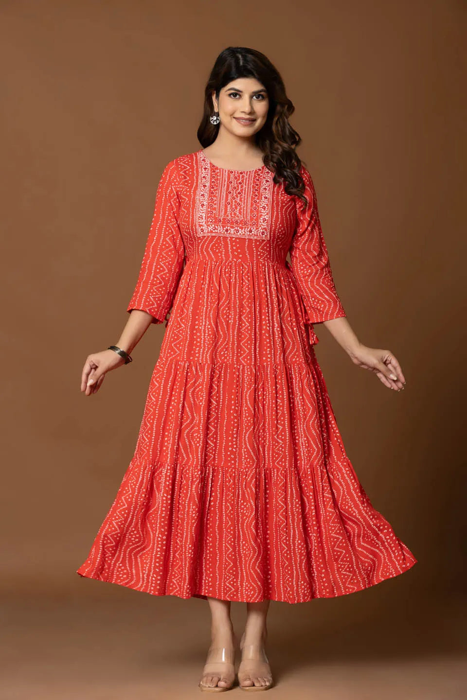 Red Printed Tiered Maxi Dress with Embroidered Yoke