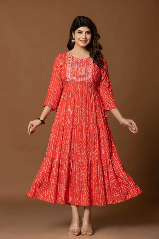 Red Printed Tiered Maxi Dress with Embroidered Yoke
