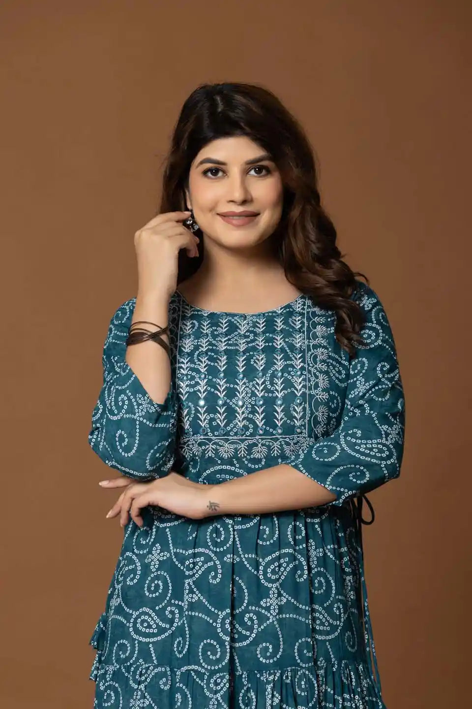 Teal Paisley Print A-Line Midi Dress with Embroidered Bodice