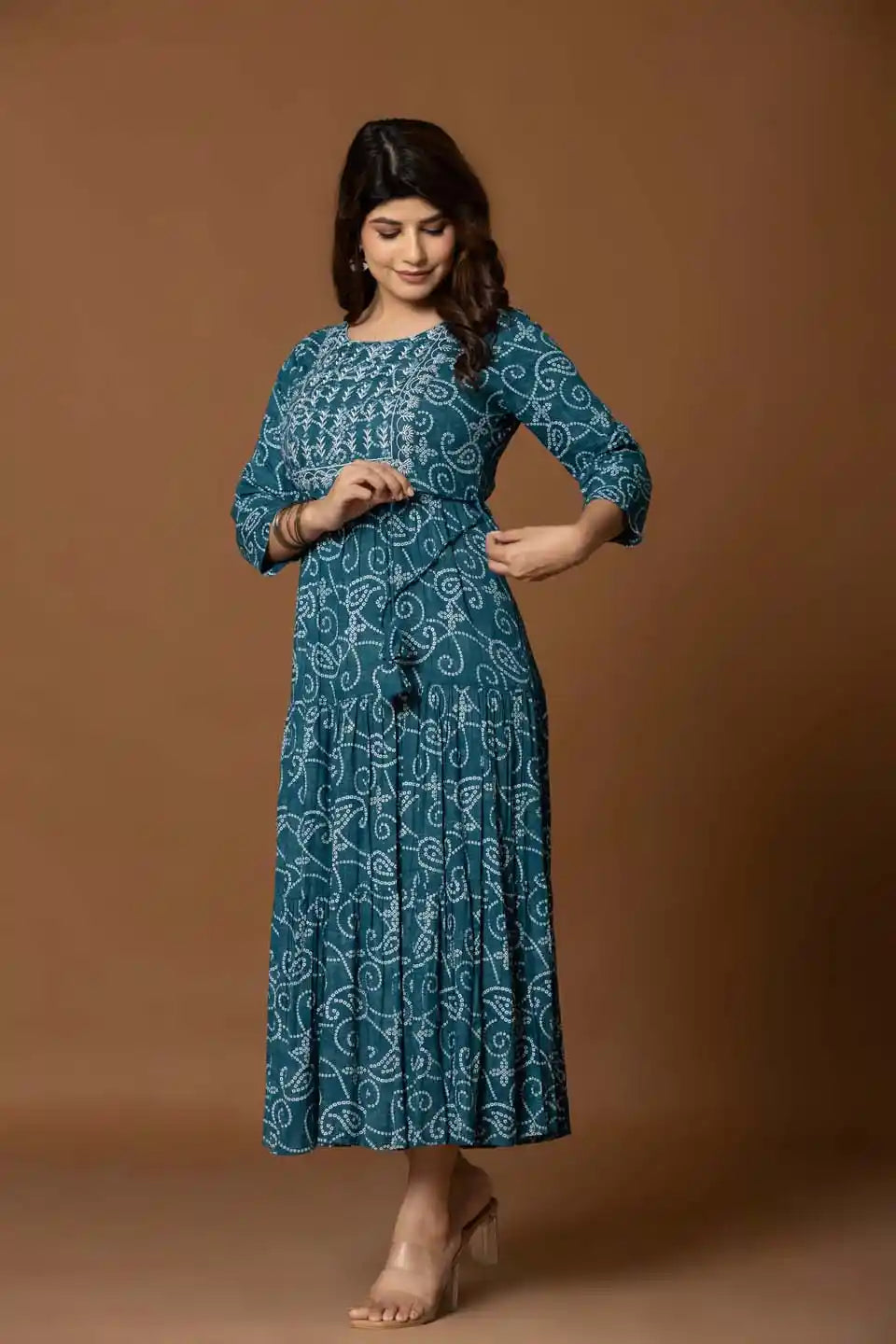 Teal Paisley Print A-Line Midi Dress with Embroidered Bodice