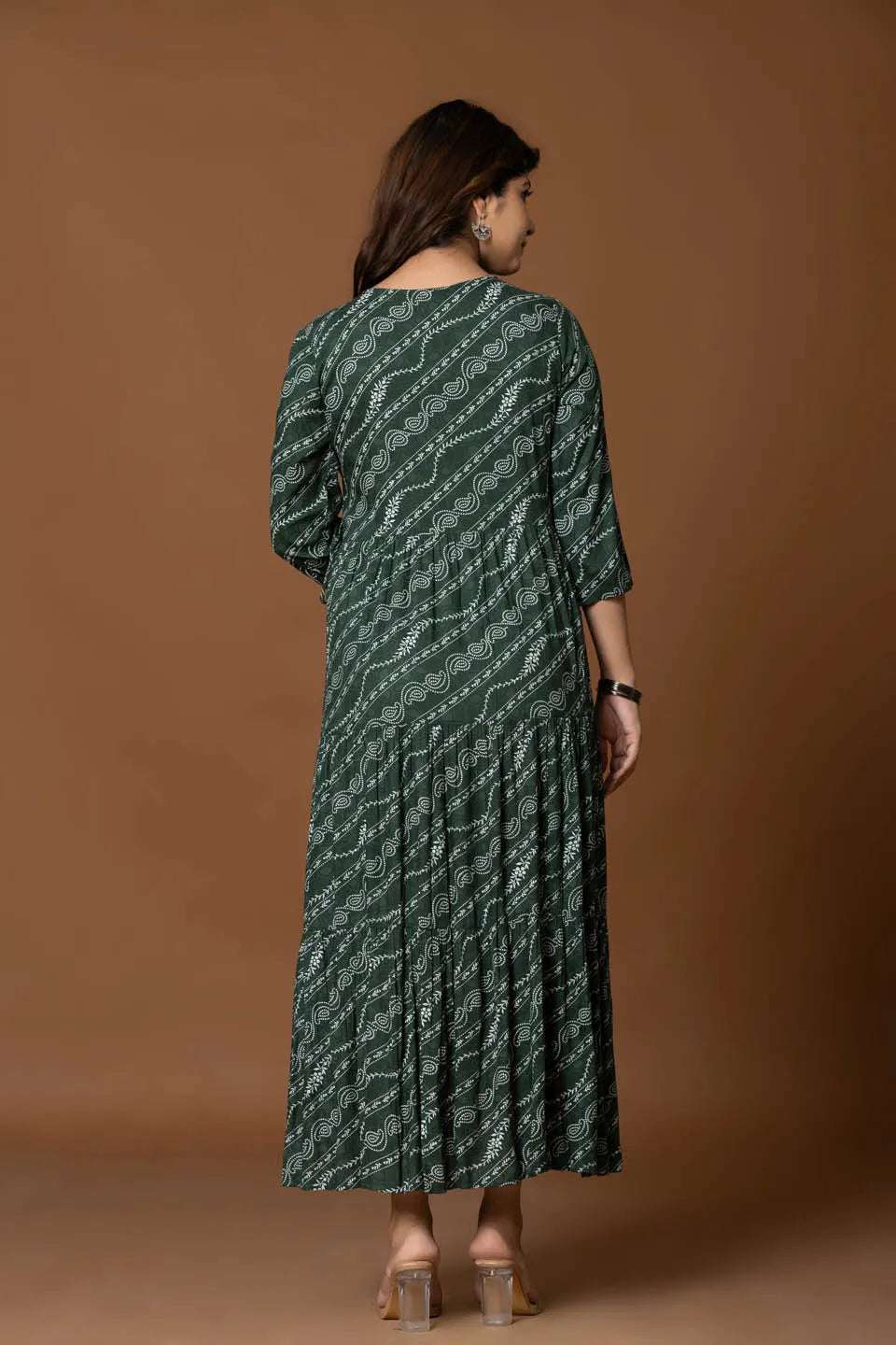 dark green boho a line dress with geometric print and embroidery
