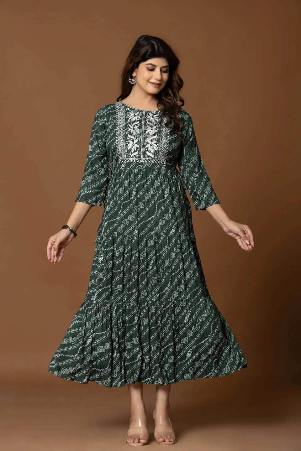 dark green boho a line dress with geometric print and embroidery