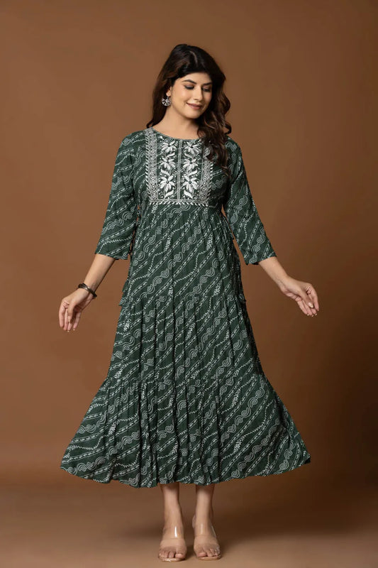 dark green boho a line dress with geometric print and embroidery