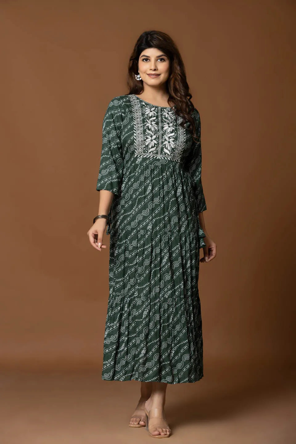 dark green boho a line dress with geometric print and embroidery