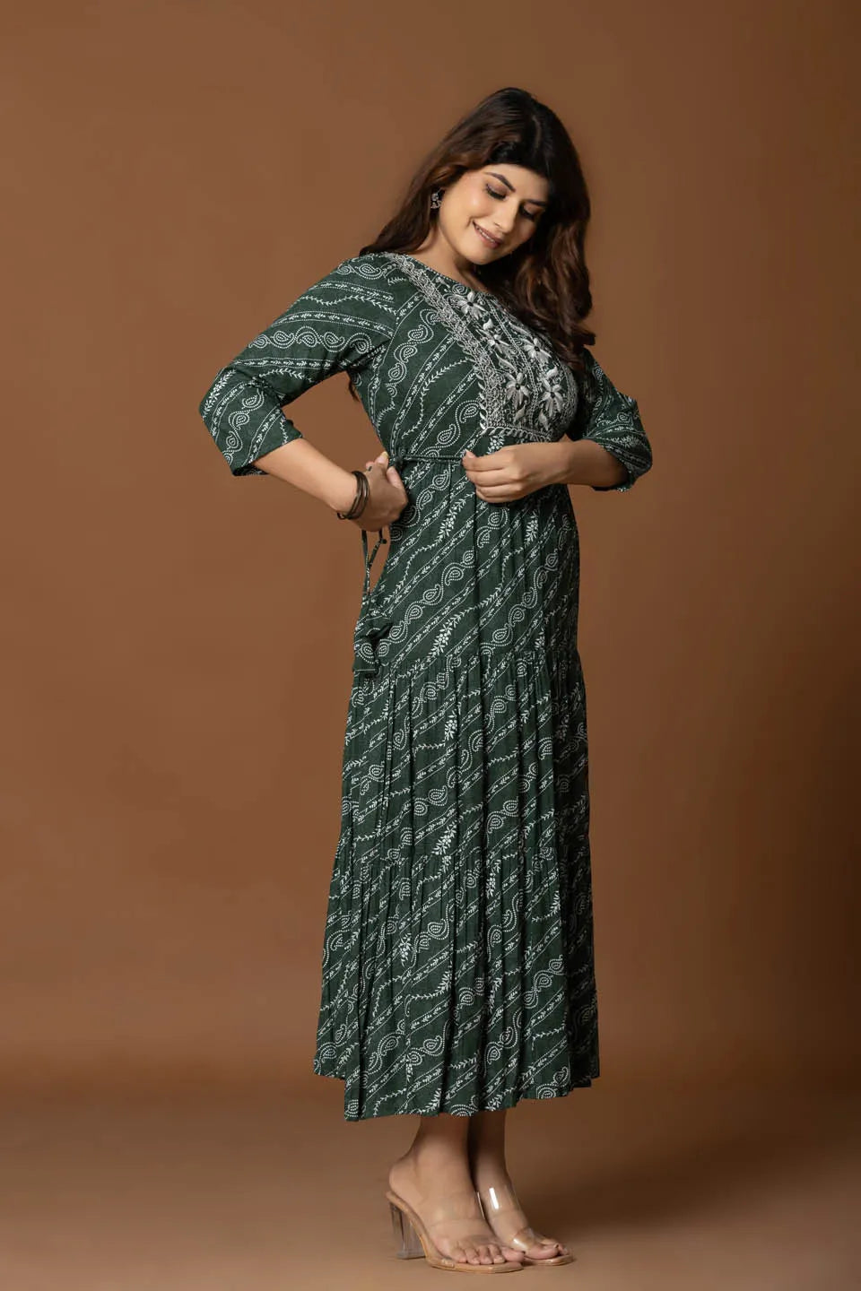 dark green boho a line dress with geometric print and embroidery
