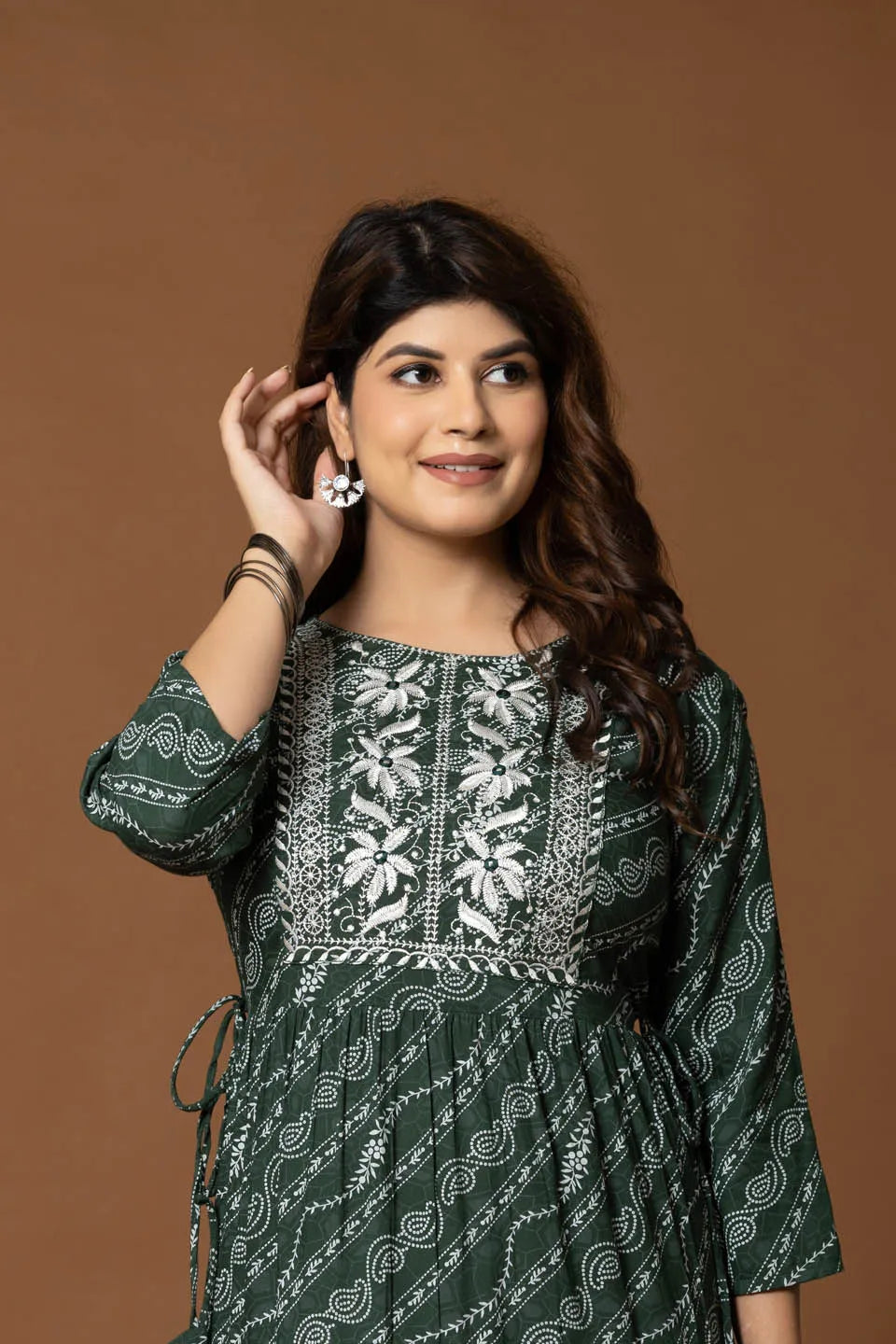 dark green boho a line dress with geometric print and embroidery