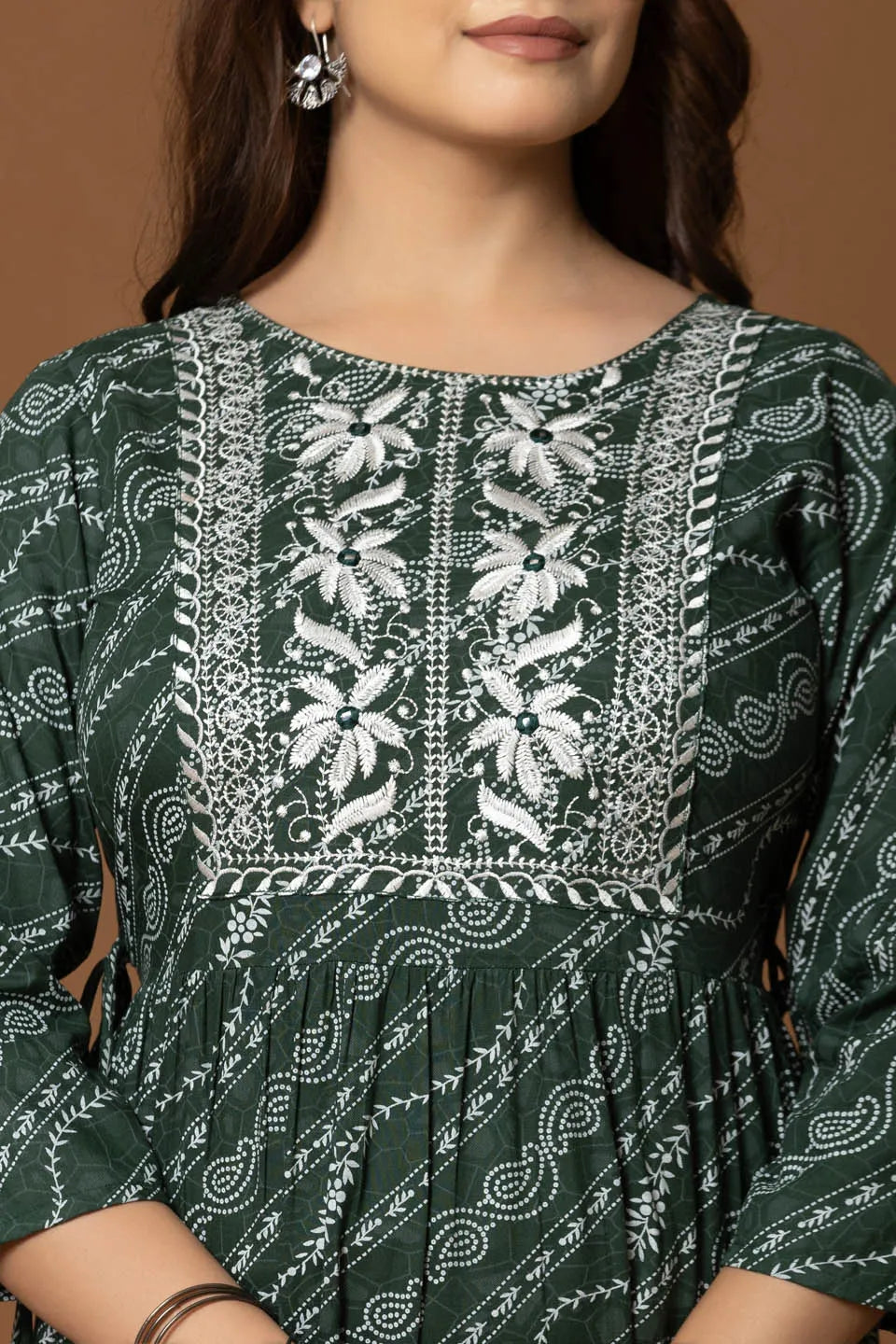 dark green boho a line dress with geometric print and embroidery