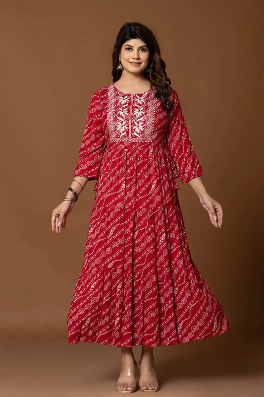 red a line maxi dress with bandhani inspired print and floral embroidered yoke 