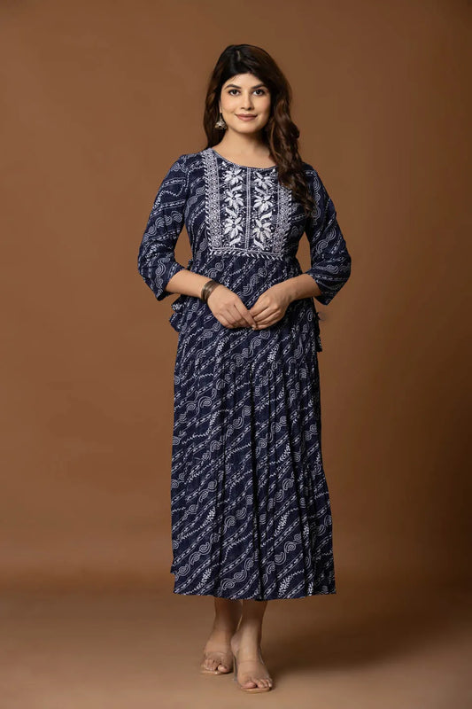 navy blue bandhani print flared dress with embroidered yoke festive wear