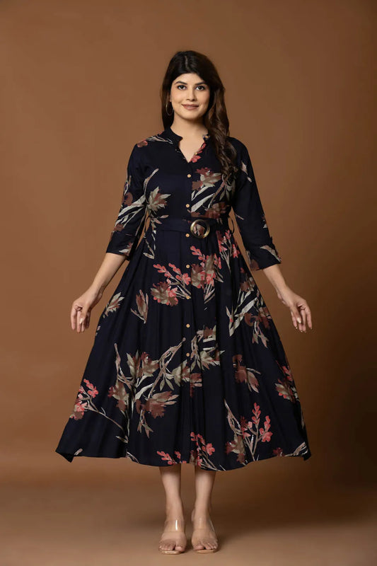 floral printed black fit flare midi dress with belt for casual occasions