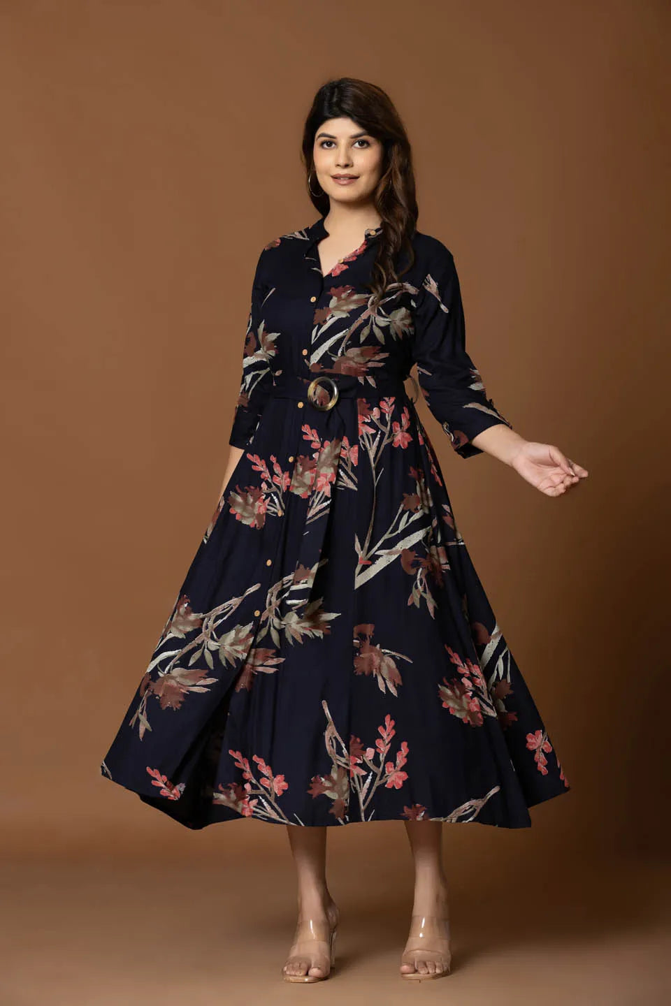floral printed black fit flare midi dress with belt for casual occasions