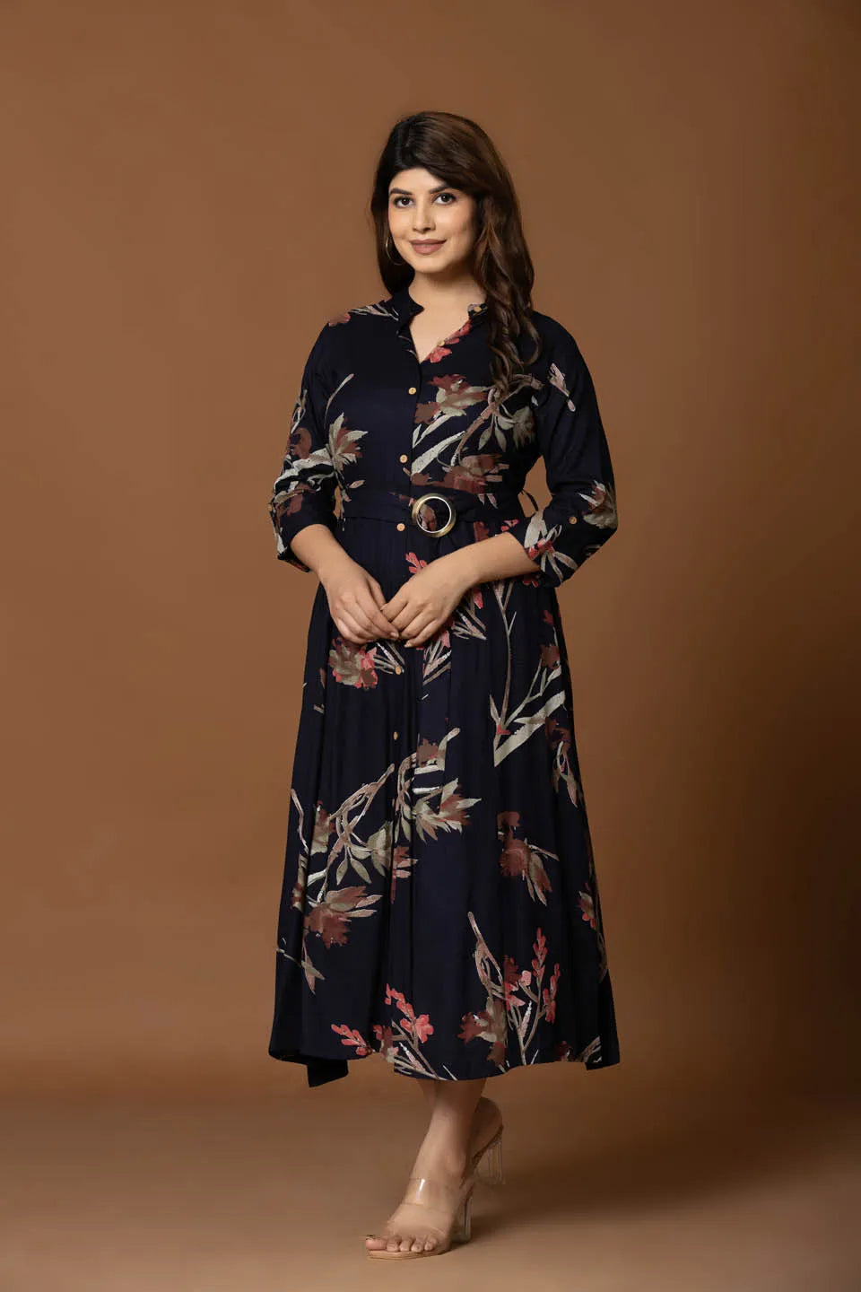 floral printed black fit flare midi dress with belt for casual occasions