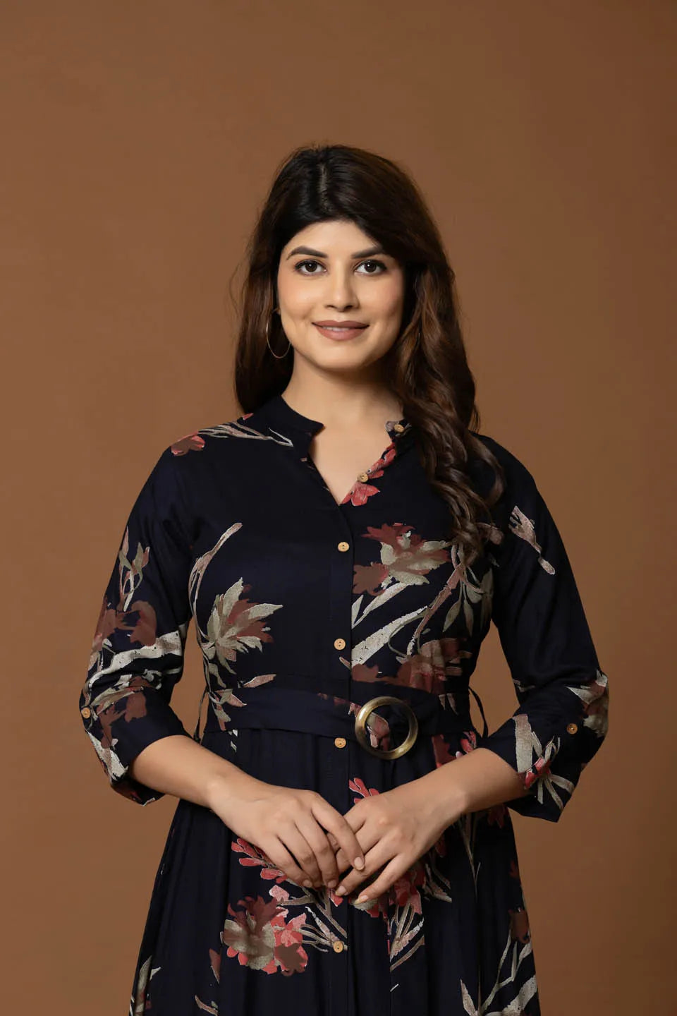 floral printed black fit flare midi dress with belt for casual occasions