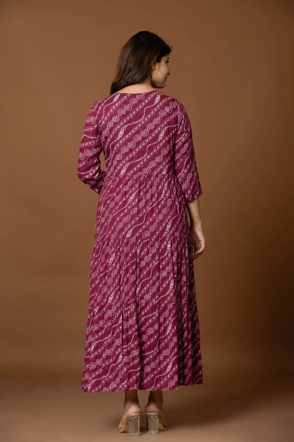 deep maroon a line maxi dress with bandhani inspired print and floral embroidered yoke