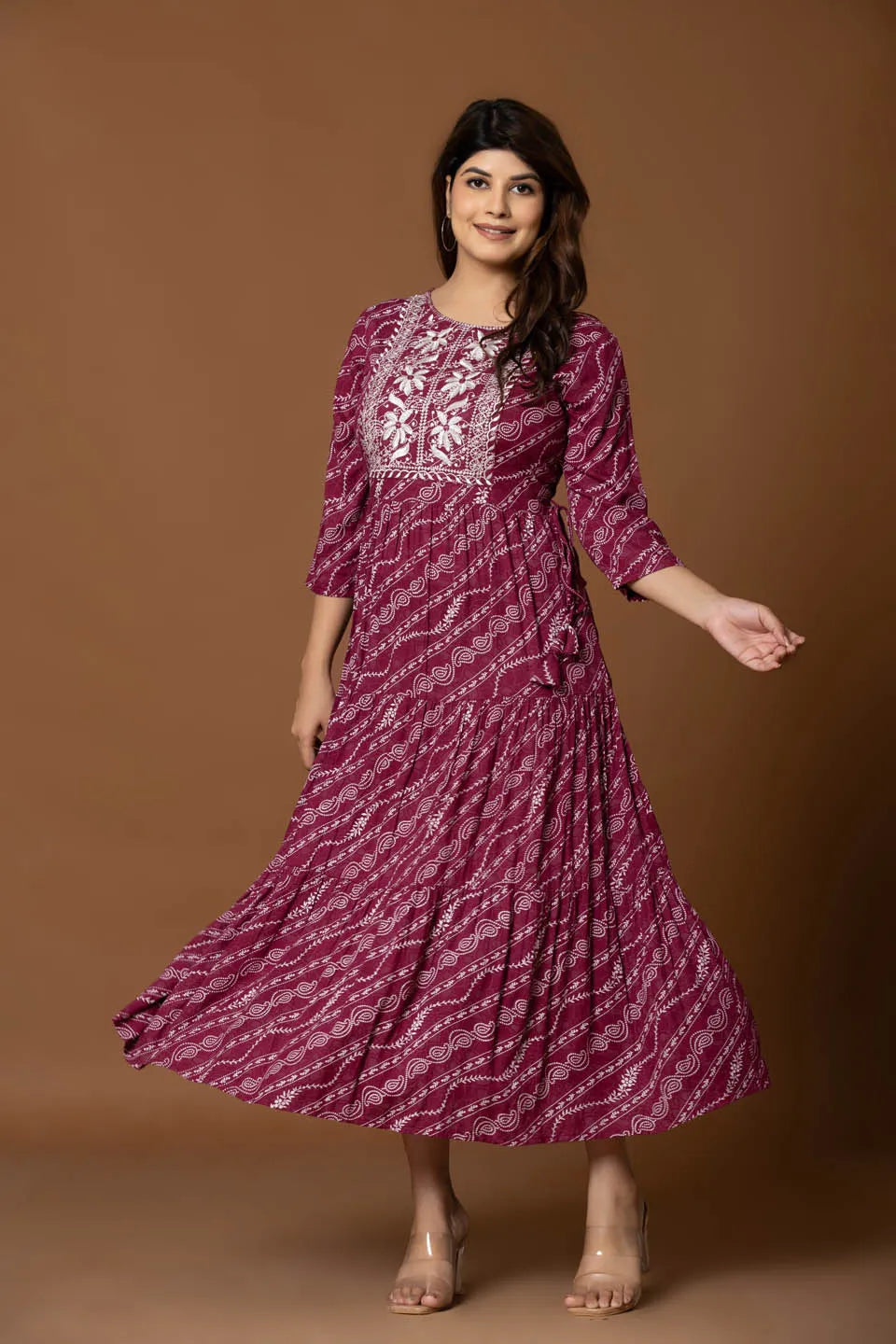 deep maroon a line maxi dress with bandhani inspired print and floral embroidered yoke
