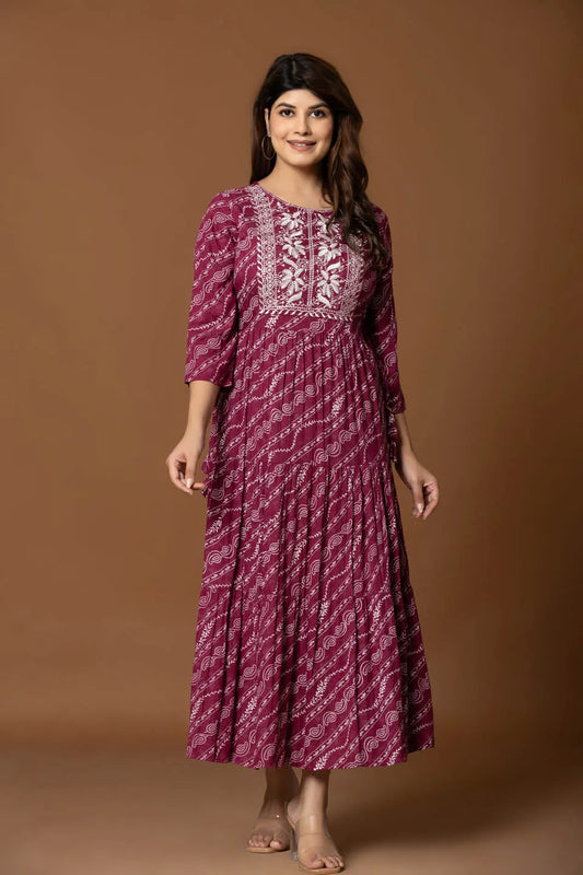 deep maroon a line maxi dress with bandhani inspired print and floral embroidered yoke