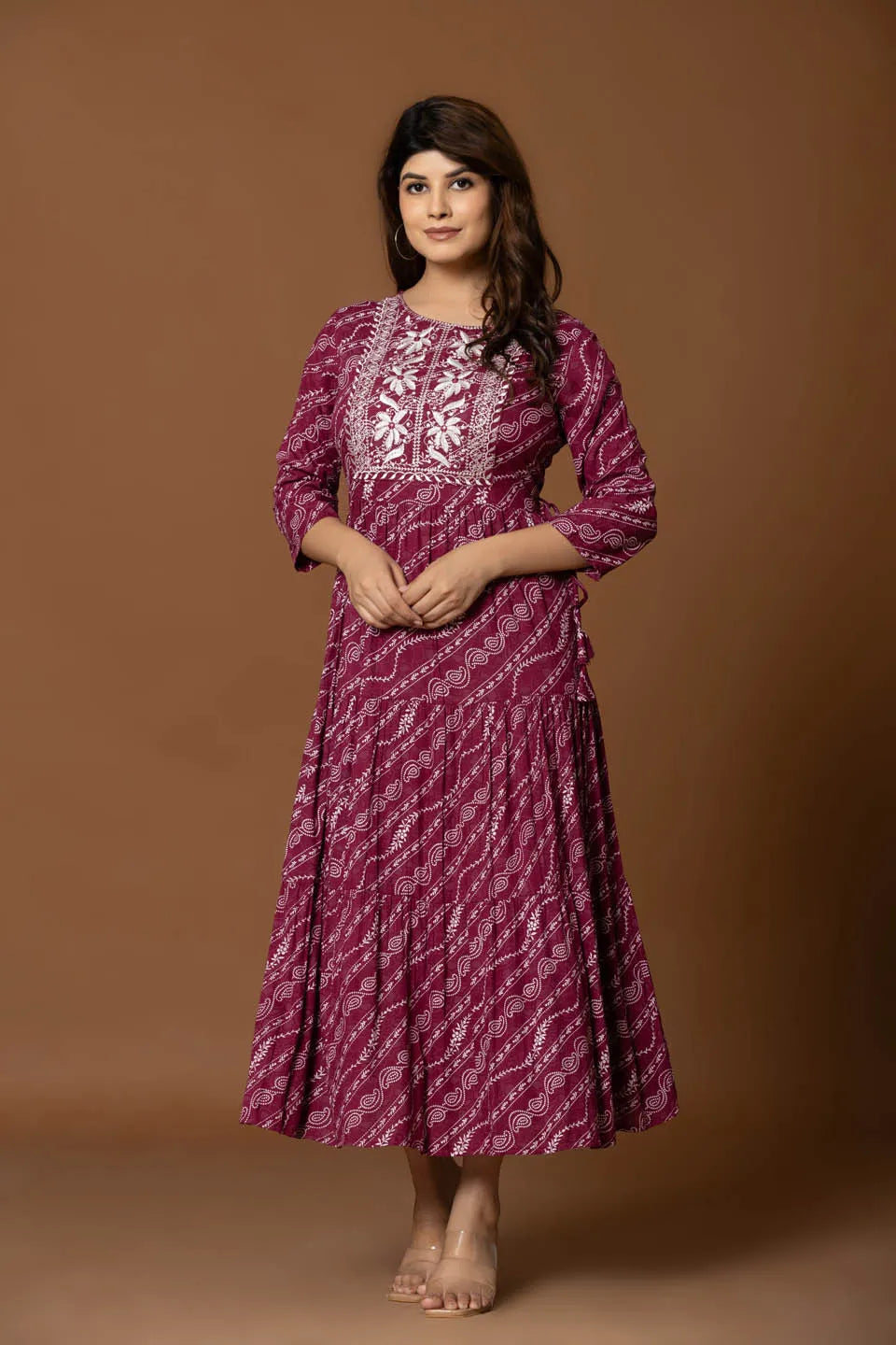 deep maroon a line maxi dress with bandhani inspired print and floral embroidered yoke