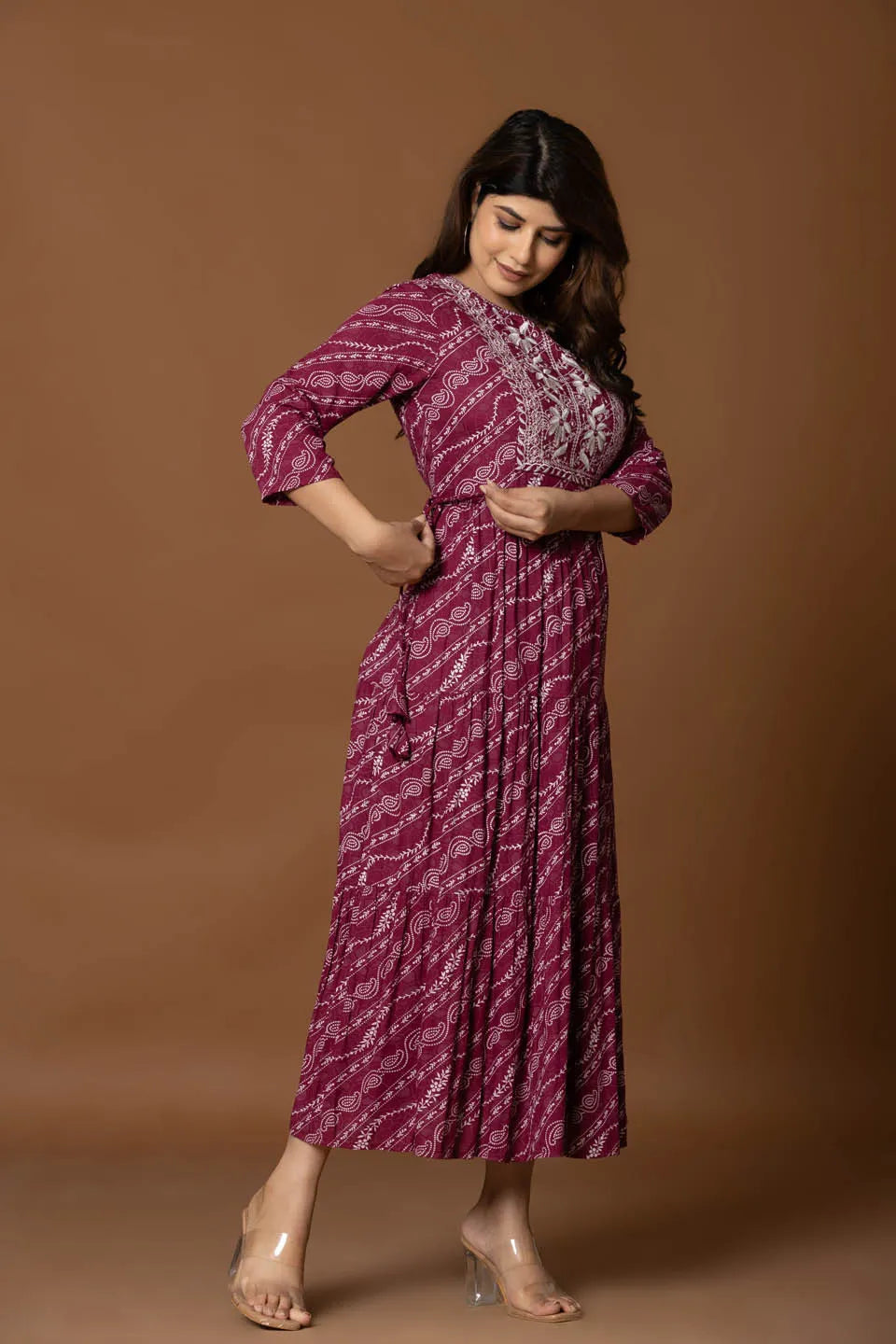deep maroon a line maxi dress with bandhani inspired print and floral embroidered yoke