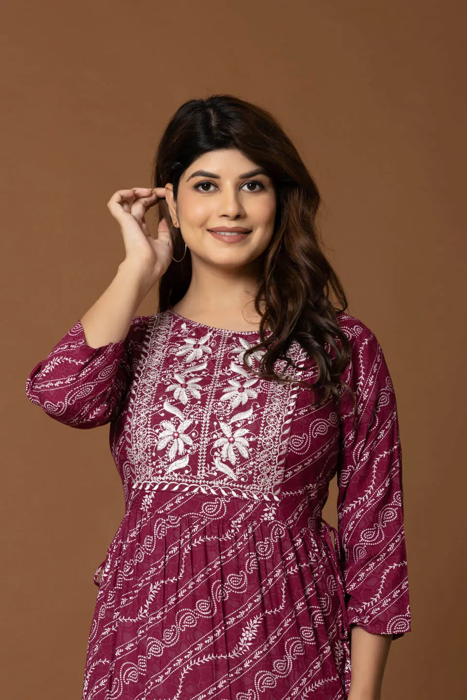 deep maroon a line maxi dress with bandhani inspired print and floral embroidered yoke