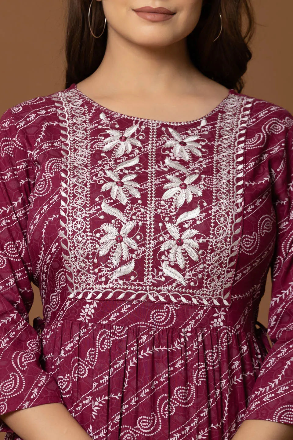 deep maroon a line maxi dress with bandhani inspired print and floral embroidered yoke