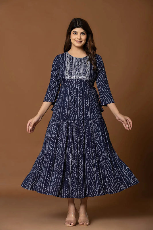 navy blue ethnic motif fit flare long dress