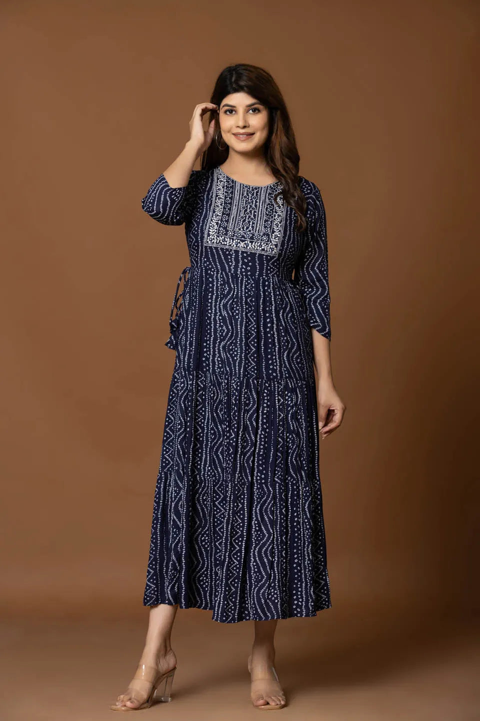 navy blue ethnic motif fit flare long dress