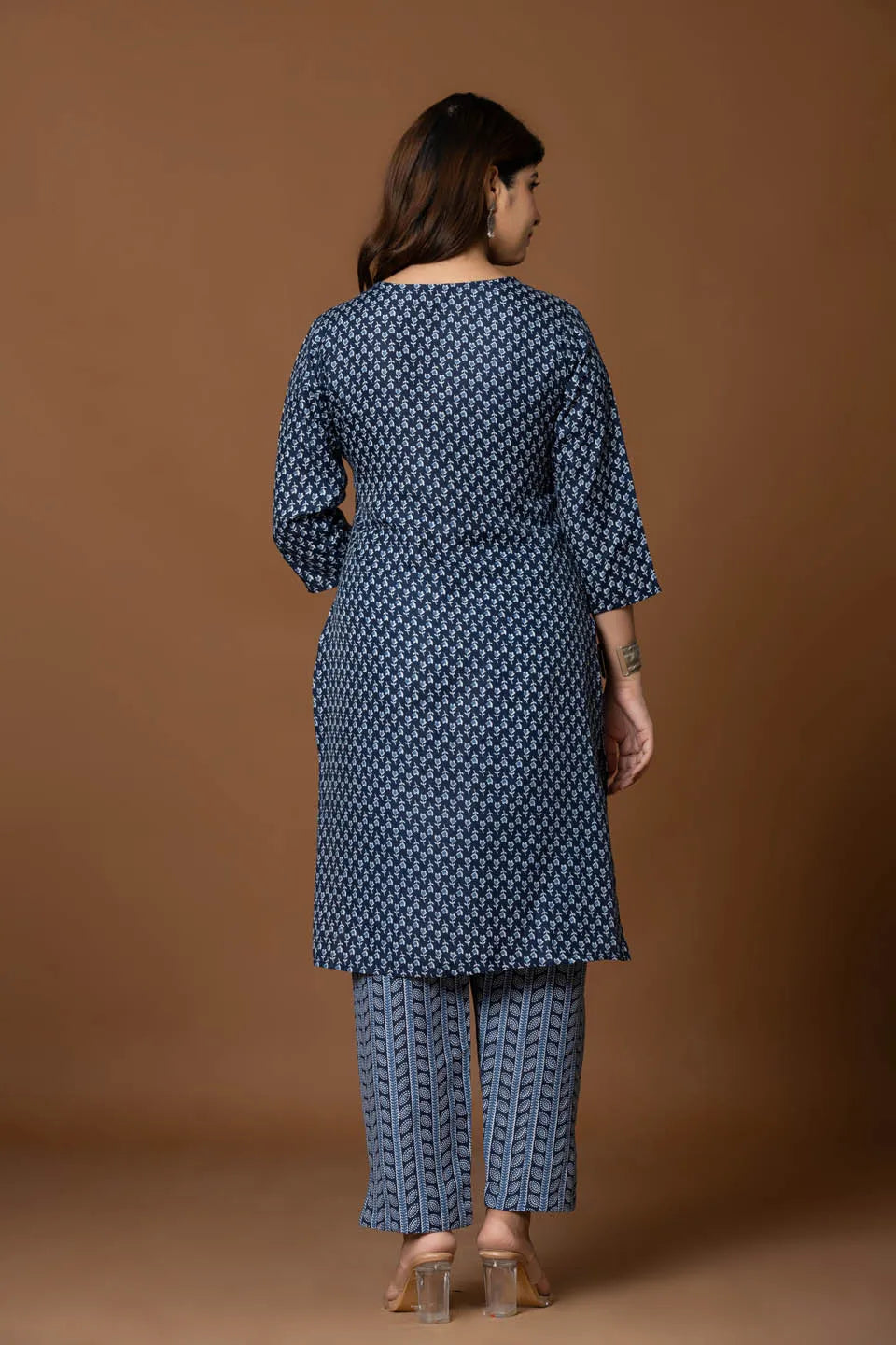navy blue embroidered kurta with geometric print pants dupatta