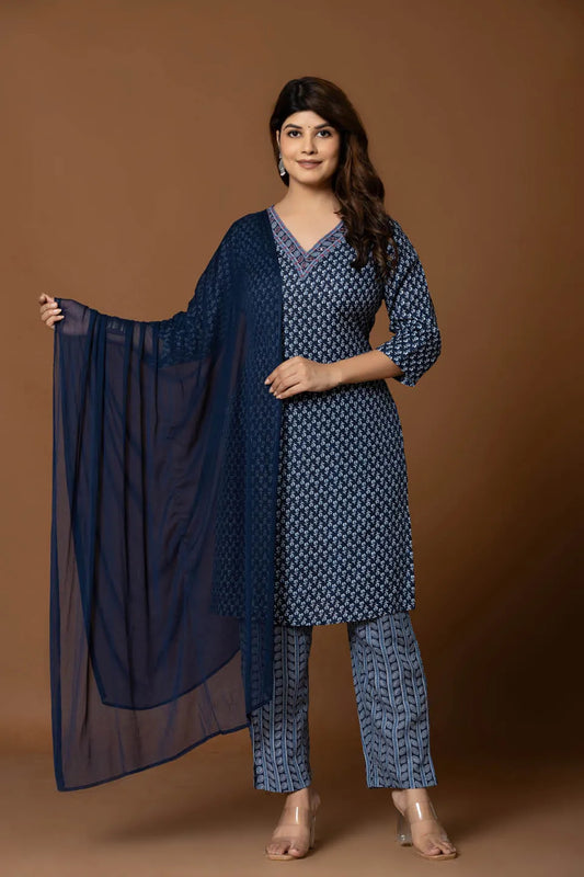 navy blue embroidered kurta with geometric print pants dupatta